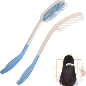 Long Reach Handled Comb and Hair Brush Set Applicable to elderly and hand-disabled people inconvenient upper limb activities (2 pcs)